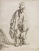 Beggar in a high cap,Standing and Leaning on a stick Rembrandt